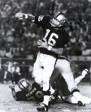 Pro Football Hall of Famer George Blanda wearing number 16 for the Oakland Raiders throwing a pass