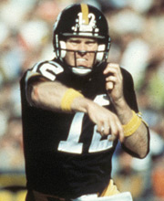 Pro Football Hall of Famer Terry Bradshaw wearing number 12 for the Pittsburgh Steelers throwing the ball