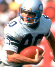 Pro Football Hall of Famer Steve Largent wearing number 80 for the Seattle Seahawks catching the ball