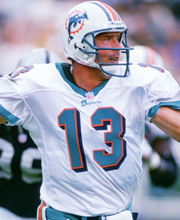 Pro Football Hall of Famer Dan Marino wearing number 13 for the Miami Dolphins throwing a pass