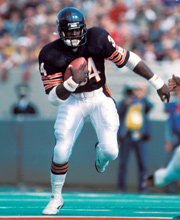 Pro Football Hall of Famer Walter Payton wearing number 34 for the Chicago Bears rushing the ball