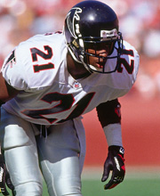 Pro Football Hall of Famer Deion Sanders wearing number 21 for the Atlanta Falcons playing cornerback