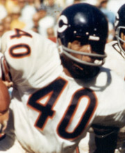 Pro Football Hall of Famer Gale Sayers wearing number 40 for the Chicago Bears running the ball